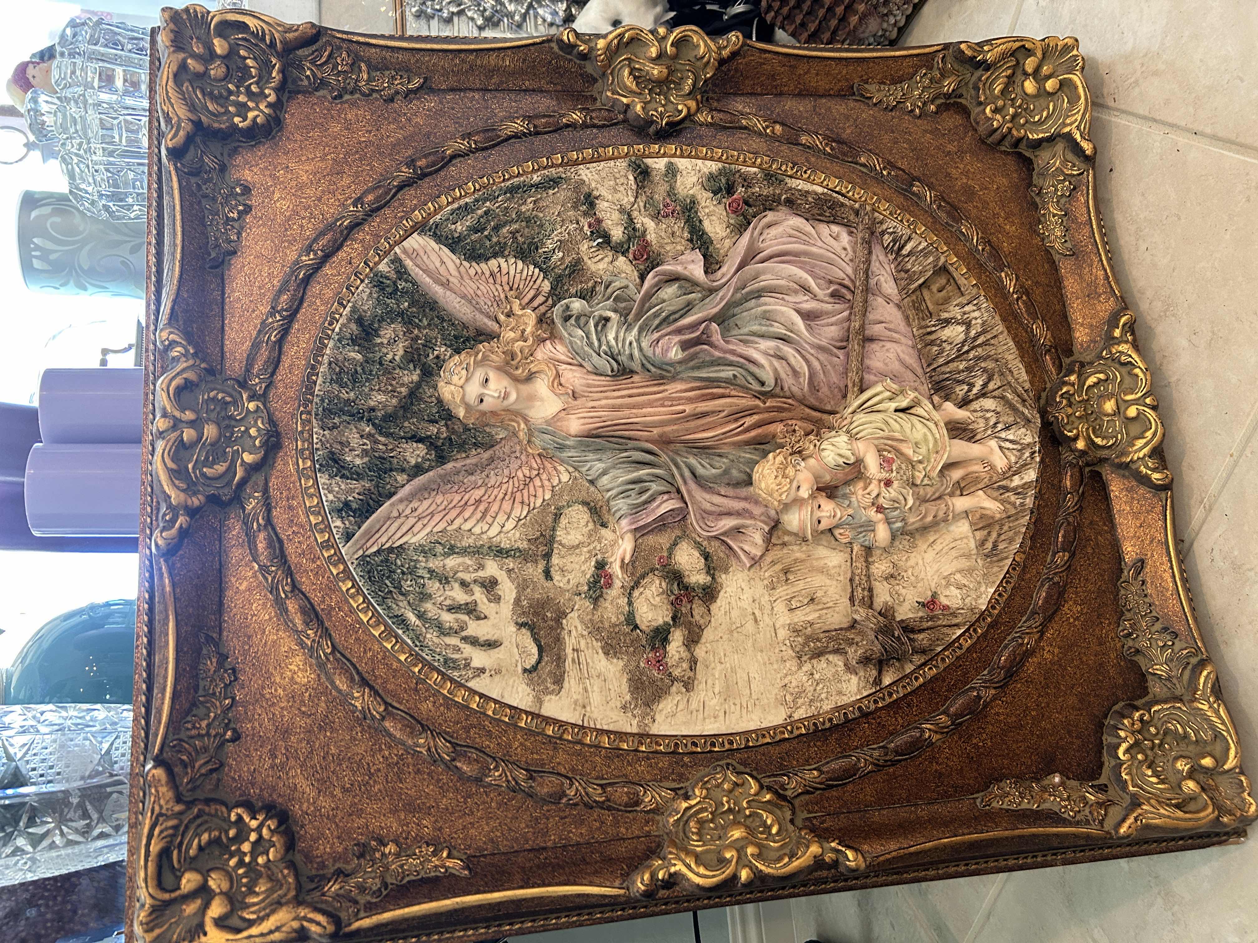 Photo 1 of ANTIQUE ORNATE GOLD GILDED FRAMED GUARDIAN ANGEL 3D STONE SCULPTURE ARTWORK 28” x H32”
