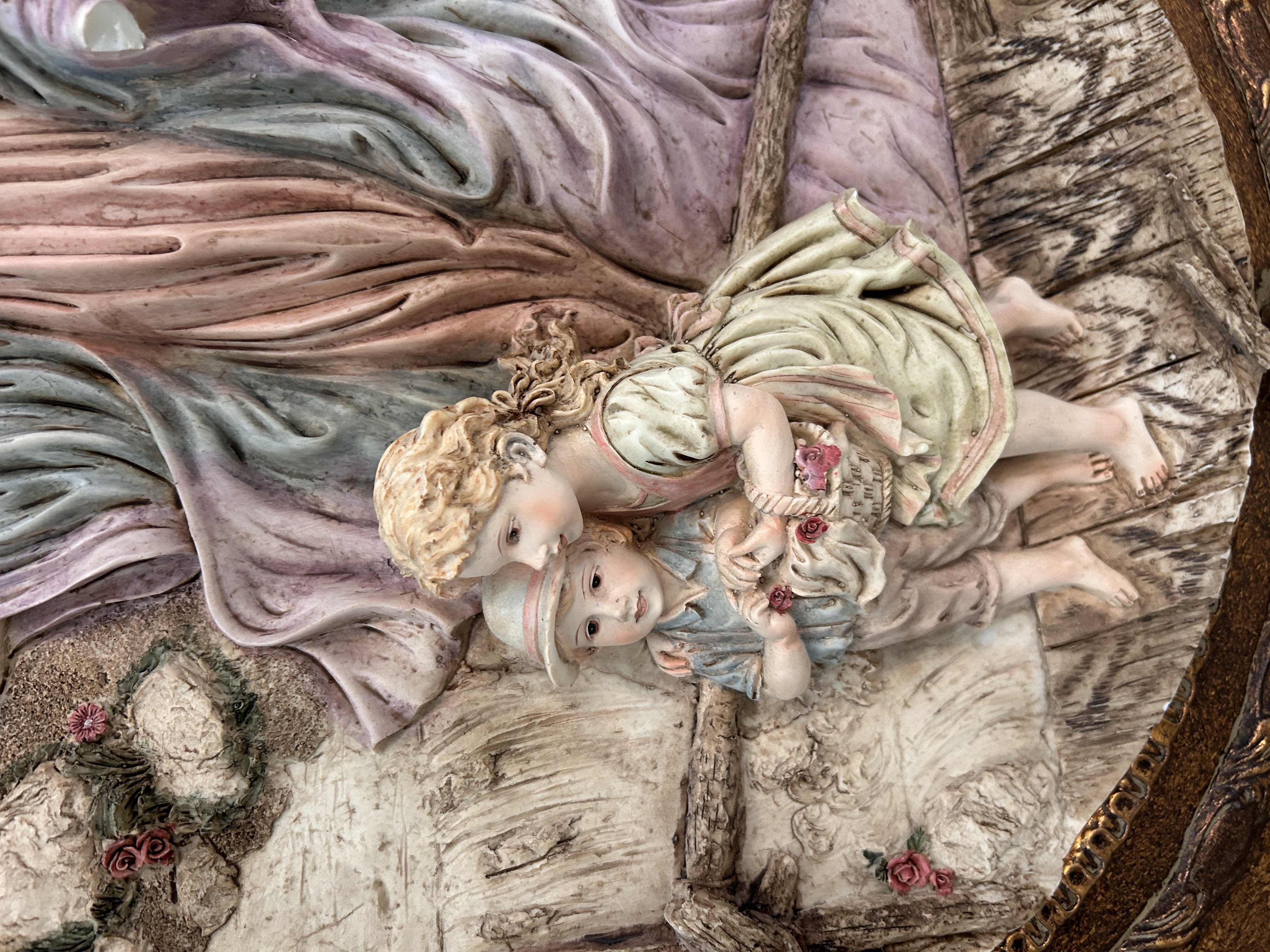 Photo 1 of ANTIQUE ORNATE GOLD GILDED FRAMED GUARDIAN ANGEL 3D STONE SCULPTURE ARTWORK 28” x H32”