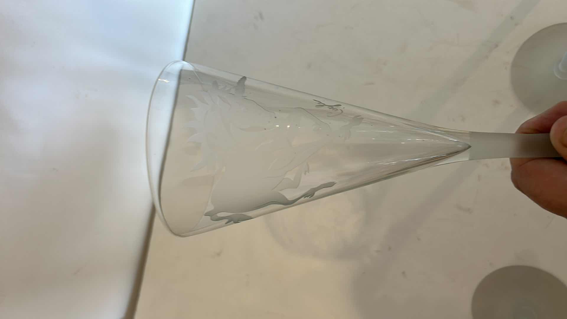 Photo 1 of 4 SIGNED TALL UNICORN ENGRAVED GLASS STEMWARE “ PETER COYLE” H12”