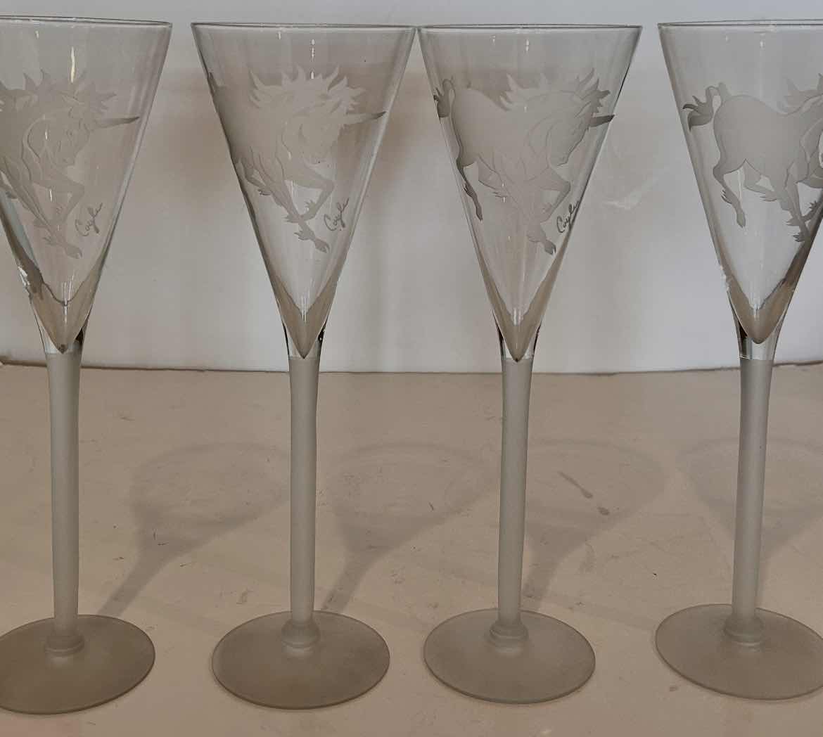Photo 1 of 4 SIGNED TALL UNICORN ENGRAVED GLASS STEMWARE “ PETER COYLE” H12”