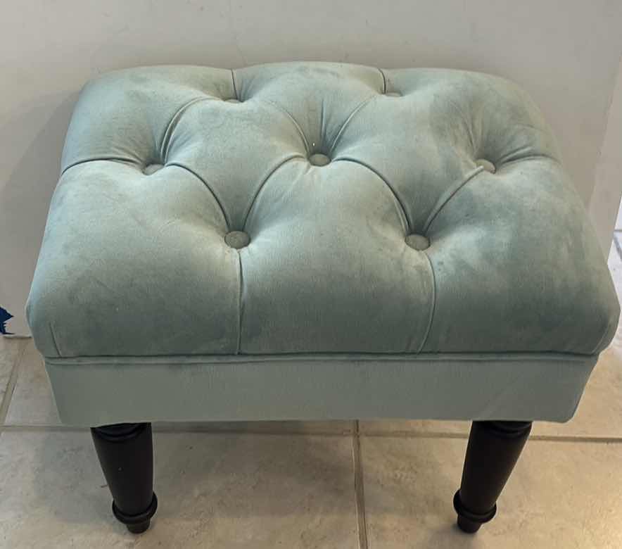Photo 1 of VELVET UPHOLSTERED STOOL WITH WOOD LEGS 20 1/2“ x 60“ x H16“ $70