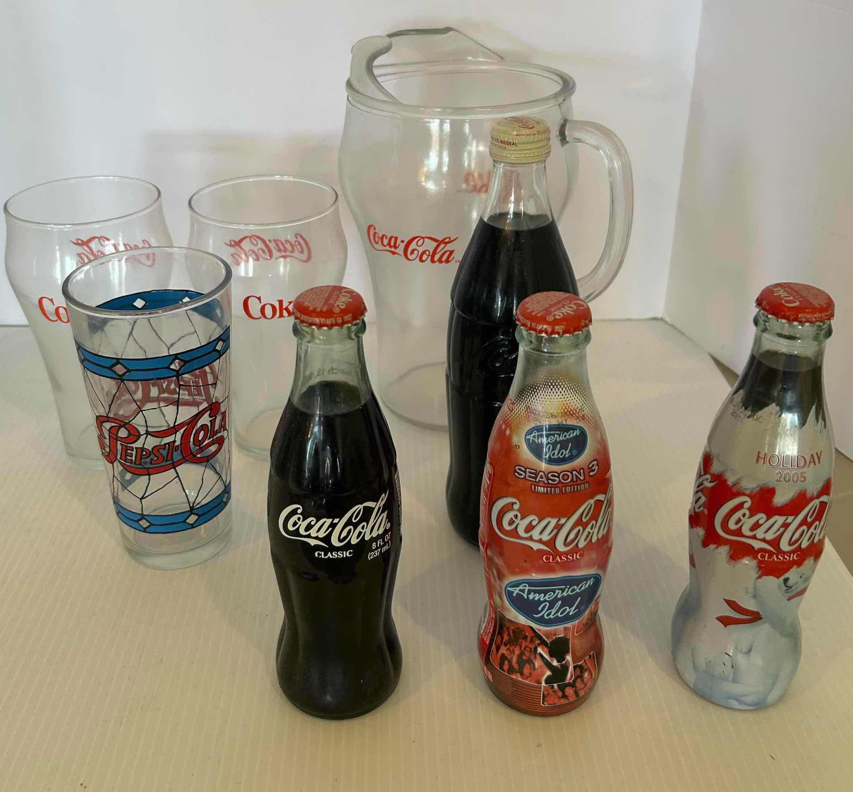 Photo 1 of VINTAGE 1972 COCA-COLA PITCHER GLASSES  4 BOTTLES