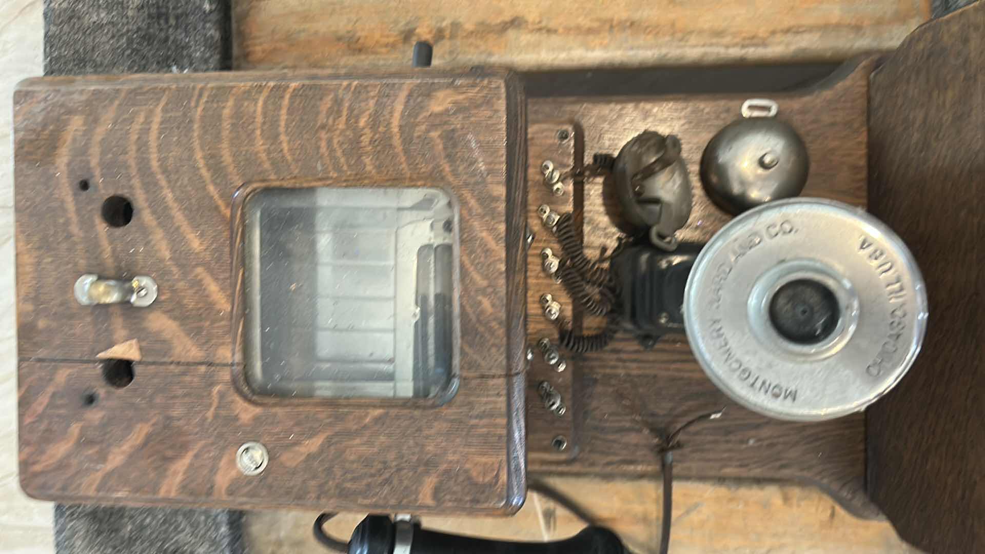 Photo 1 of ANTIQUE OAK WALL MOUNTED HAND CRANK TELEPHONE 