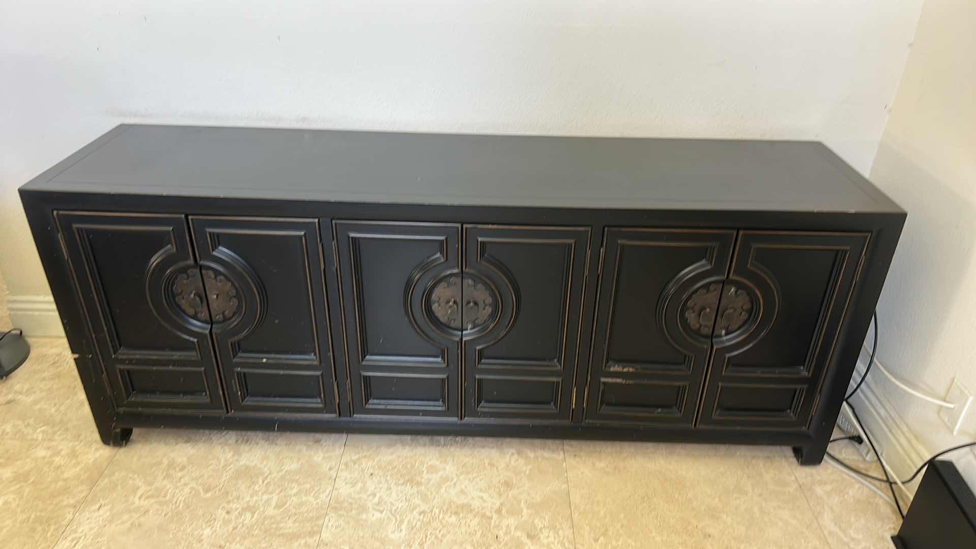 Photo 1 of CENTURY ASIAN INSPIRED DARK WOOD CABINET/DRESSER/BUFFET WITH METAL HARDWARE 76 1/2“ x 19“ x H30 1/4”