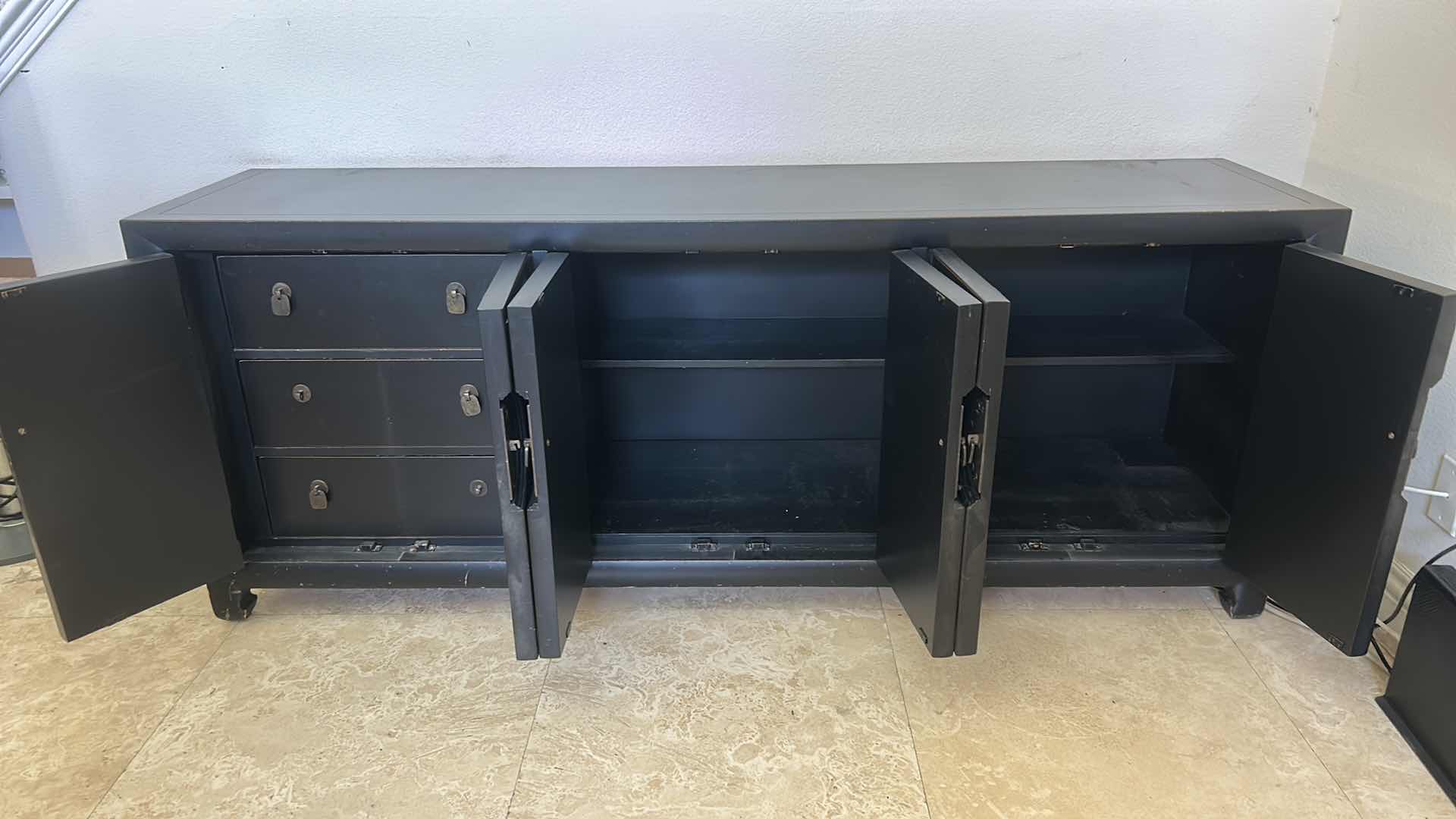 Photo 1 of CENTURY ASIAN INSPIRED DARK WOOD CABINET/DRESSER/BUFFET WITH METAL HARDWARE 76 1/2“ x 19“ x H30 1/4”