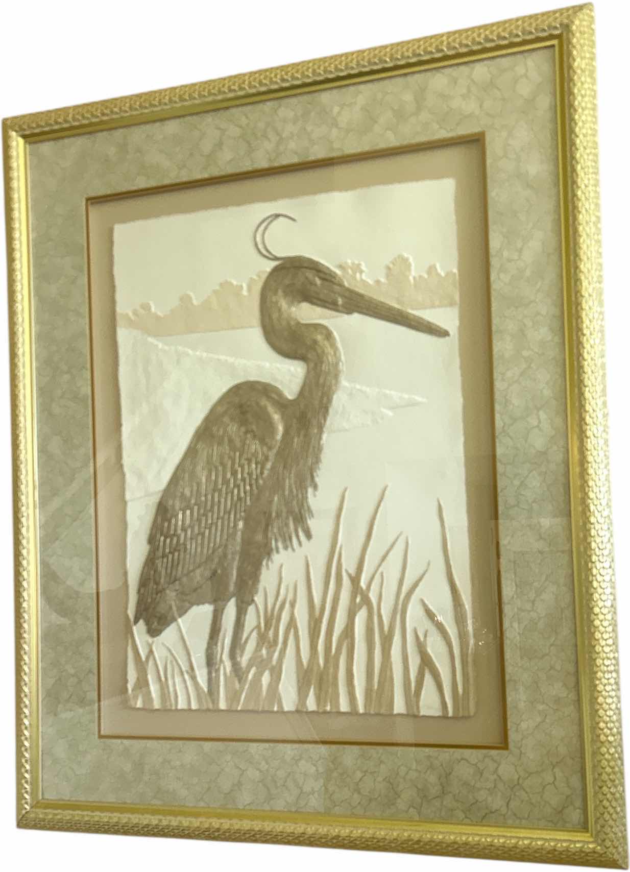Photo 1 of GOLD AND WHITE FRAMED CAST PAPER  RELIEF SCULPTURE 
SIGNED “L PANDY” EGRET 3D ARTWORK 35 1/4” x H43 1/4”