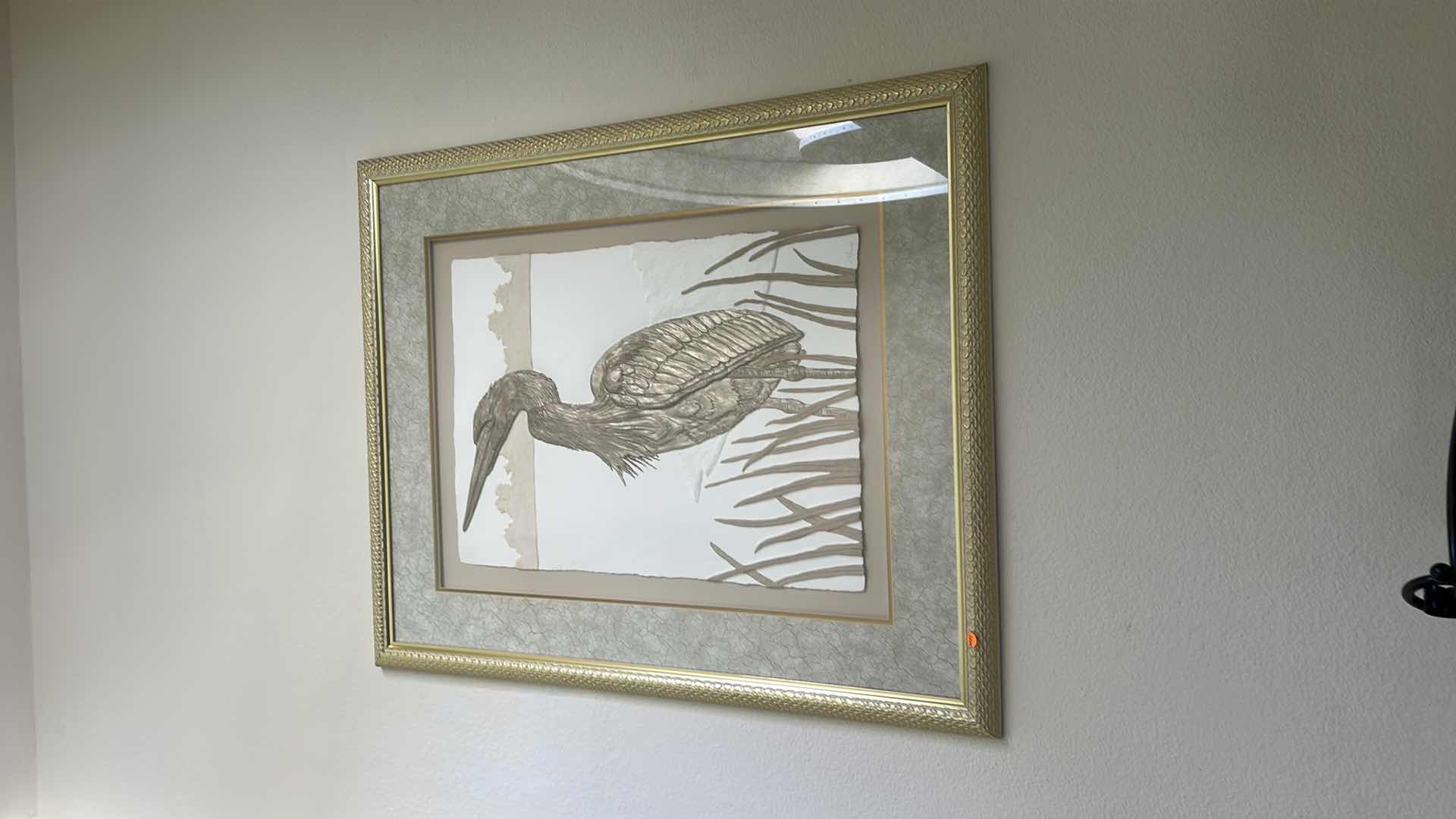 Photo 1 of GOLD AND WHITE FRAMED CAST PAPER  RELIEF SCULPTURE 
SIGNED “L PANDY” EGRET 3D ARTWORK 35 1/4” x H43 1/4” (LISTED ON EBAY FOR $175)