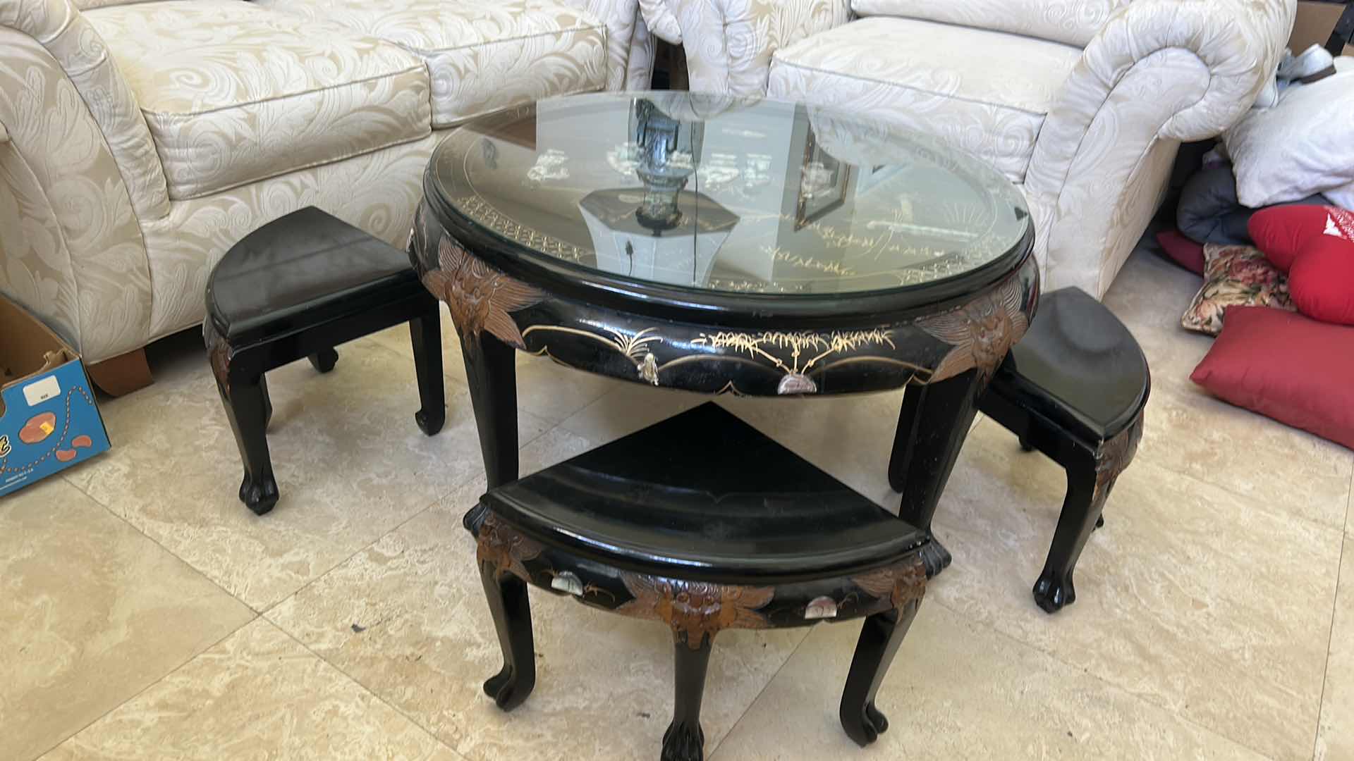 Photo 1 of VTG ASIAN CHINOISERIE BLACK LACQUER TEA TABLE 38” x H20” (VALUE $500 - $1,000)
