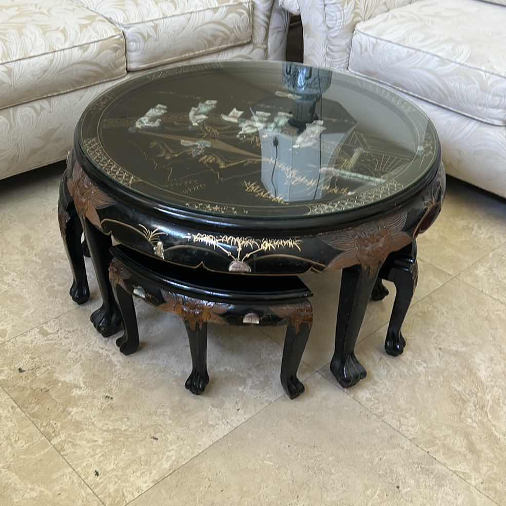 Photo 1 of VTG ASIAN CHINOISERIE BLACK LACQUER TEA TABLE 38” x H20” (VALUE $500 - $1,000)