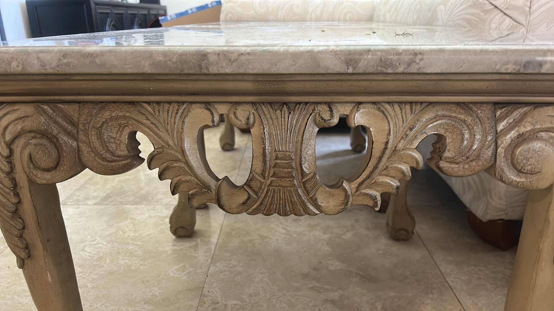 Photo 1 of ORNATE SQUARE BISQUE AND STONE MARBLE TOP END TABLE 29” x H24 1/2”