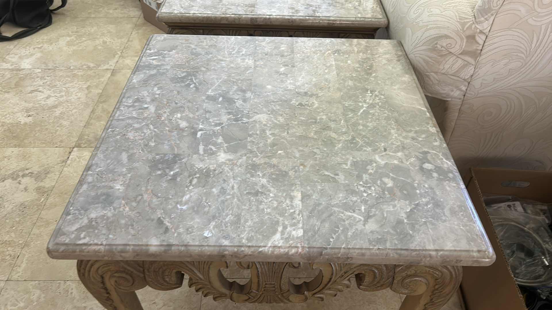 Photo 1 of ORNATE SQUARE BISQUE AND STONE MARBLE TOP END TABLE 29” x H24 1/2”