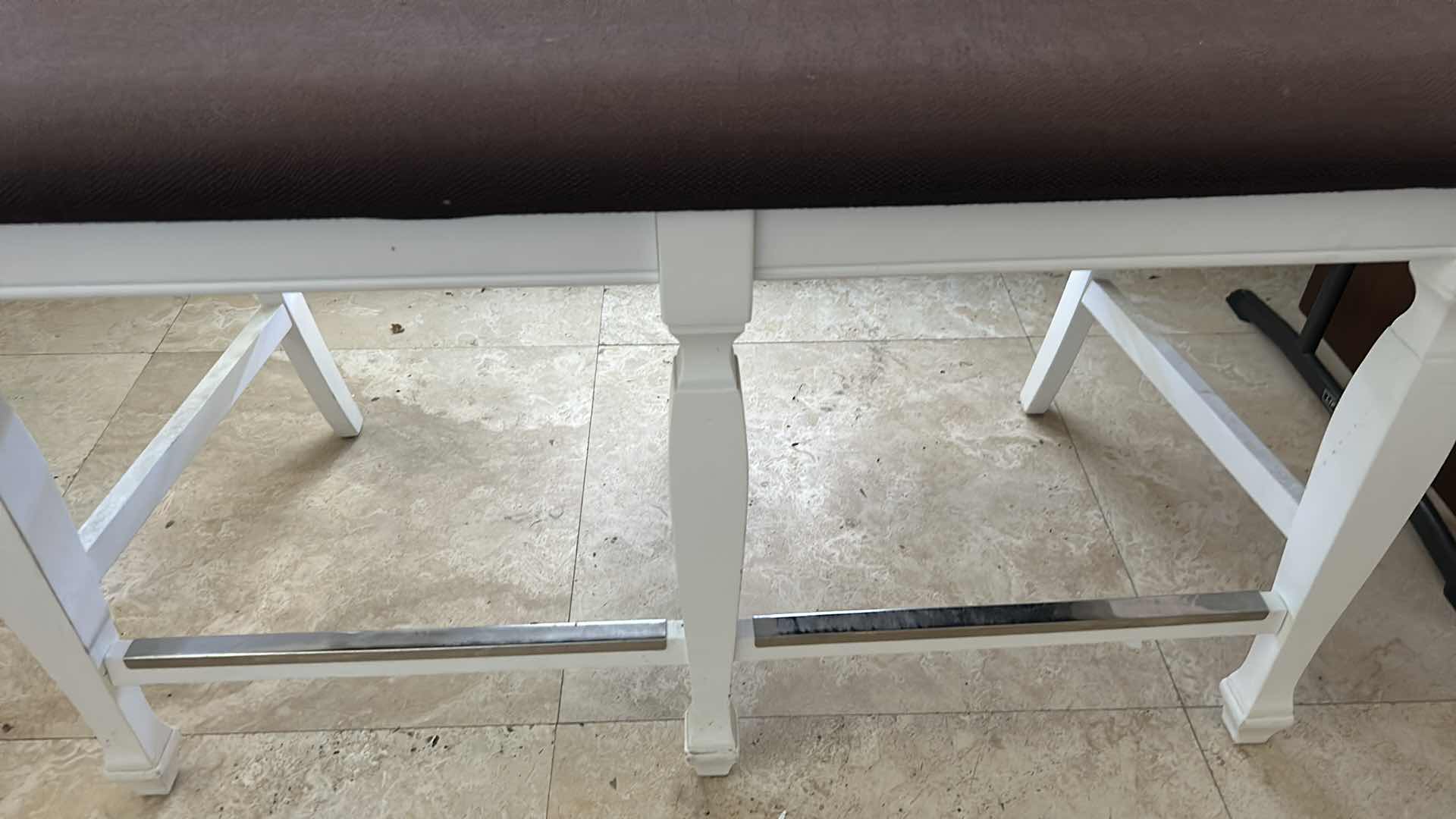 Photo 1 of WHITE WOOD DINING BENCH W DARK BROWN UPHOLSTERED CUSHION LATICE STYLE BACKREST 42" X 41"