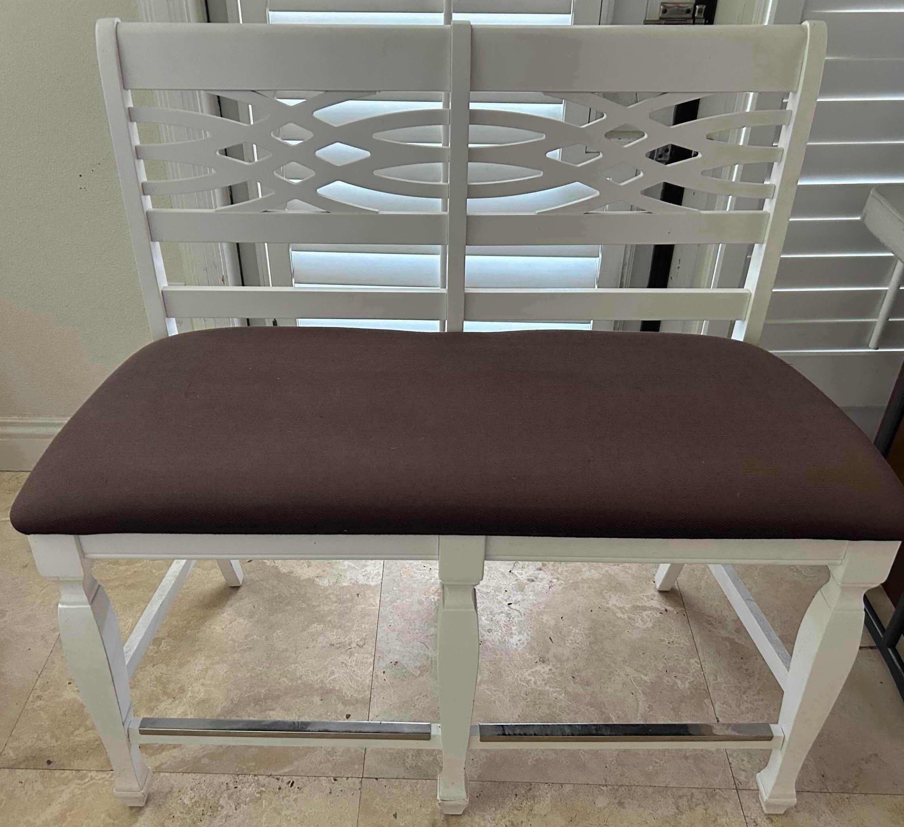 Photo 1 of WHITE WOOD DINING BENCH W DARK BROWN UPHOLSTERED CUSHION LATICE STYLE BACKREST 42" X 41"
