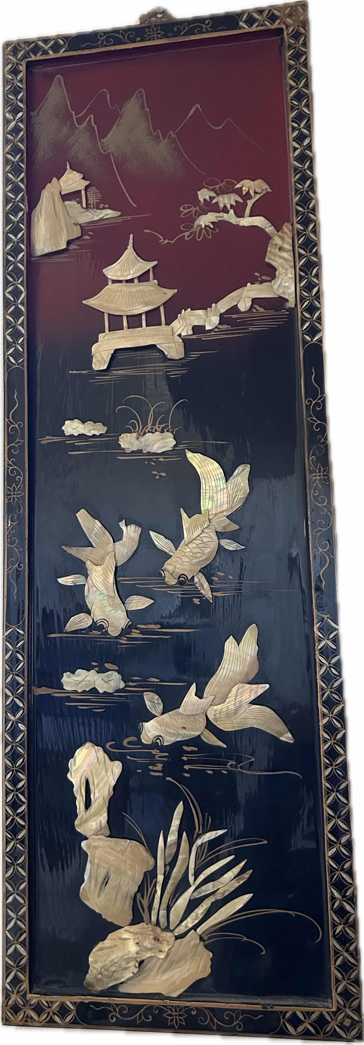Photo 1 of VINTAGE CHINESE BLACK LACQUERED WALL PANEL W MOTHER OF PEARL INLAY 12" X 36"
