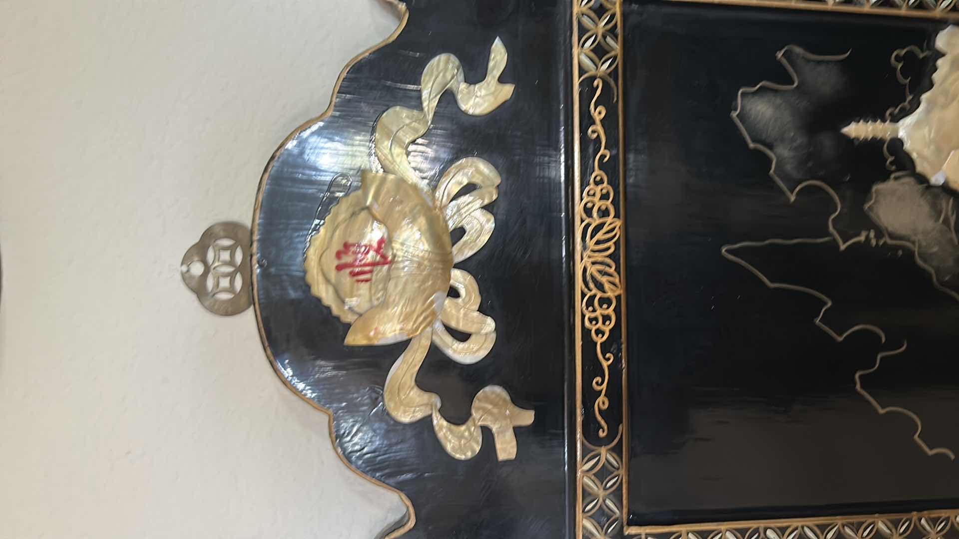 Photo 1 of VINTAGE CHINESE BLACK LACQUERED WALL PANEL W MOTHER OF PEARL INLAY 12" X 37"