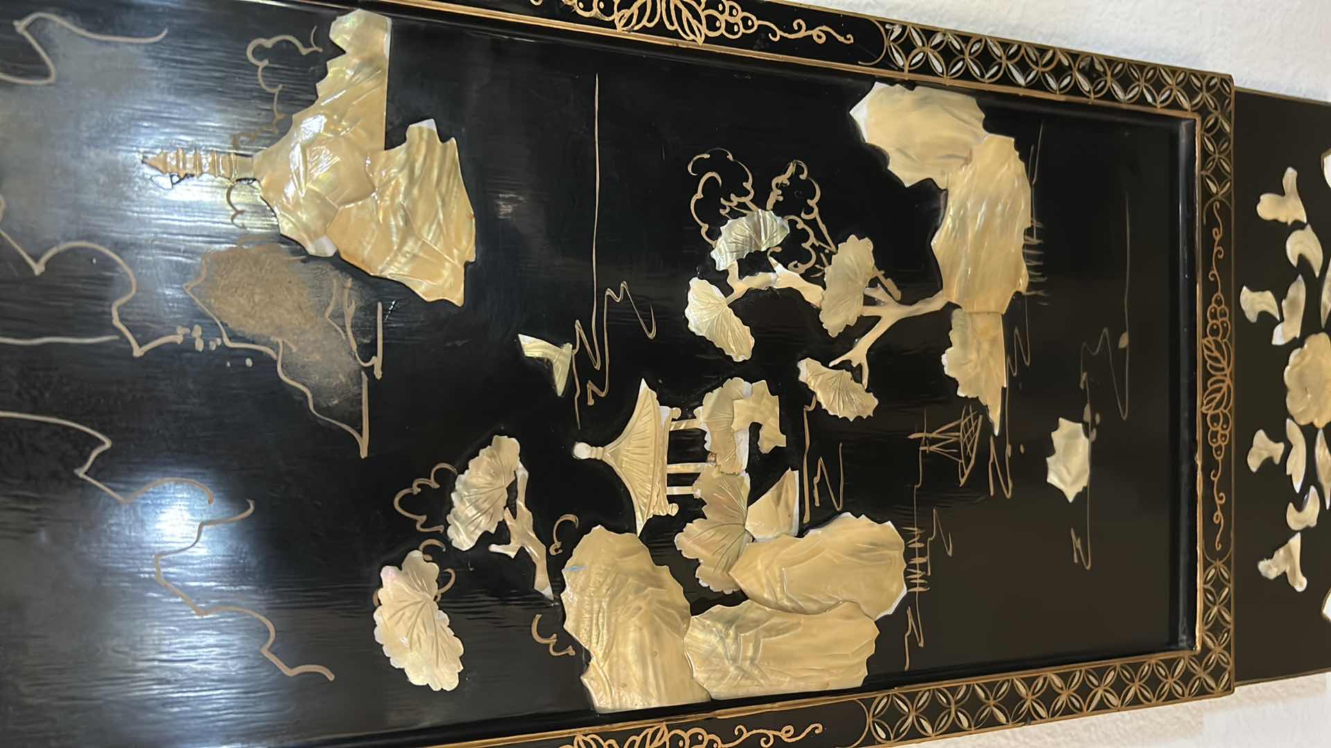 Photo 1 of VINTAGE CHINESE BLACK LACQUERED WALL PANEL W MOTHER OF PEARL INLAY 12" X 37"