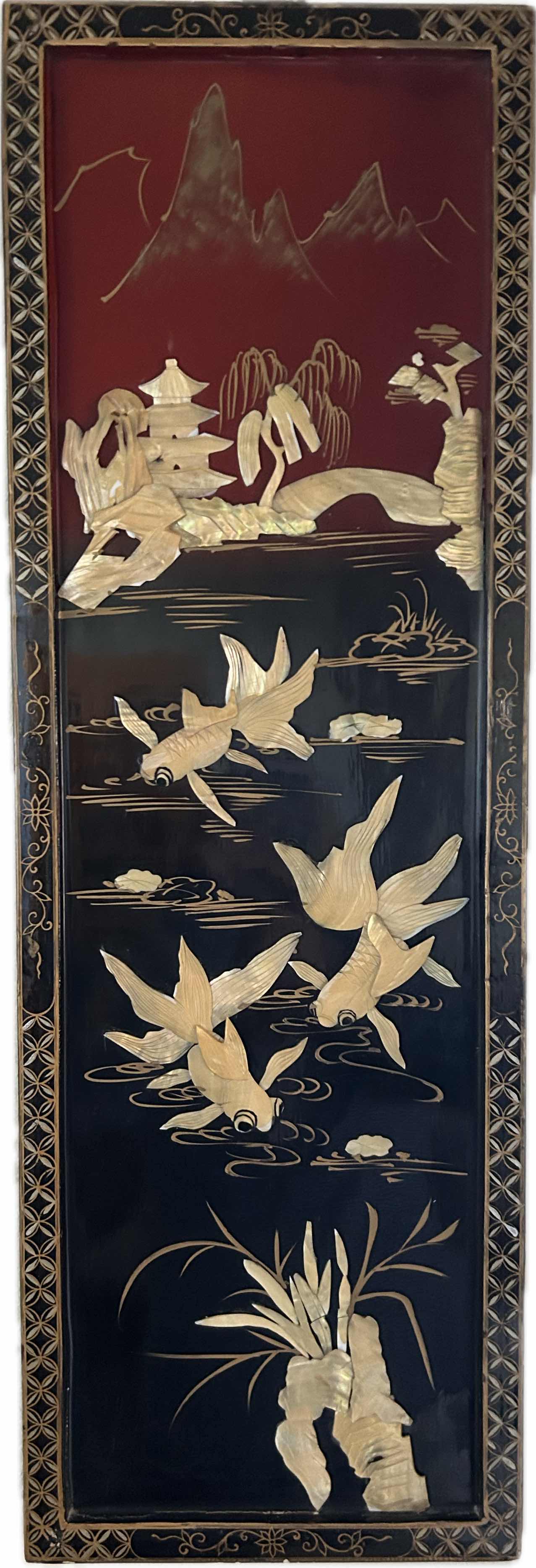 Photo 1 of VINTAGE CHINESE BLACK LACQUERED WALL PANEL W MOTHER OF PEARL INLAY 12" X 36"