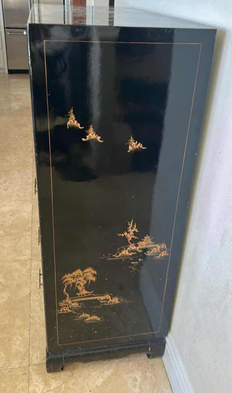 Photo 1 of BLACK LACQUER CHINOISERIE CABINET W TRADITIONAL EAST ASIAN GOLD LEAF DETAILS 41" X 14" H 48" 
