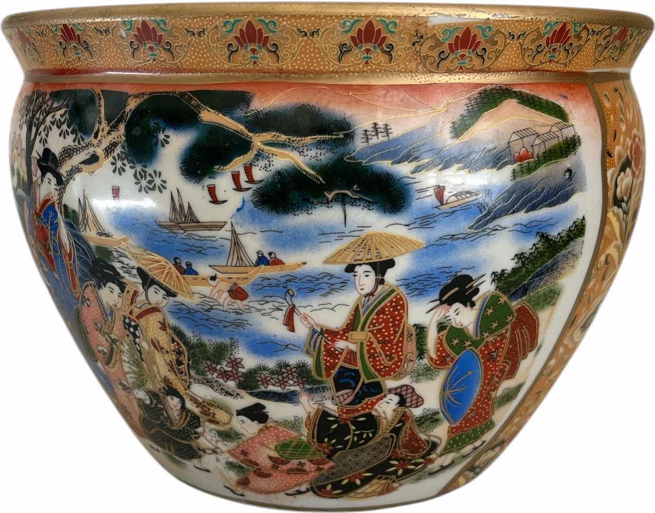Photo 1 of LATE 20TH CENTURY CHINOISERIE SATSUMA STYLE FISH BOWL PLANTER 12” x H9” $200