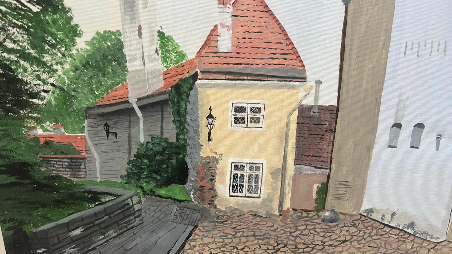 Photo 1 of UNFRAMED OIL ON CANVAS “Toompea Hill in Tallinn, Estonia, featuring Toom-Kooli street”. ARTWORK 20” x H16”