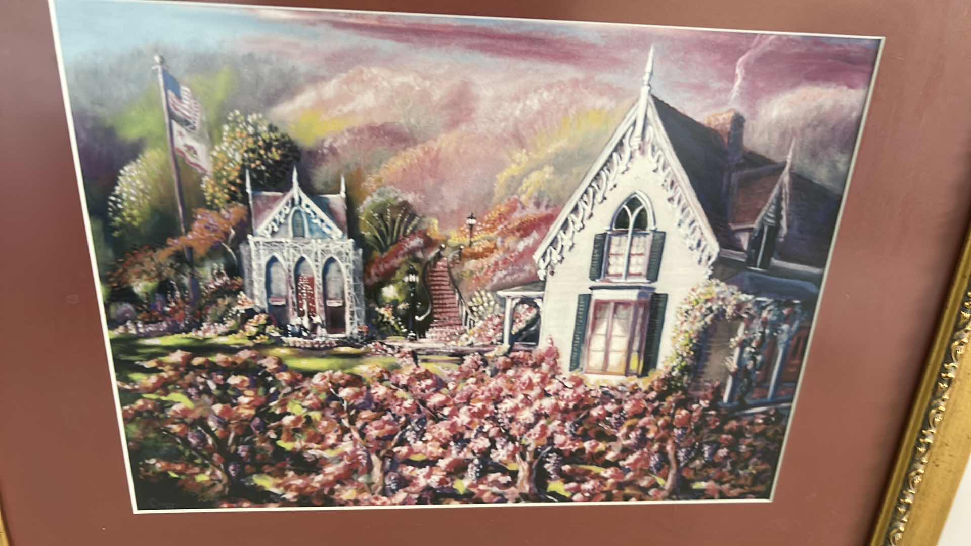 Photo 1 of FRAMED ART "OLD CHURCH HORSE BUGGY FLOWERS COUNTRY LANDSCAPE"  23" X 20"