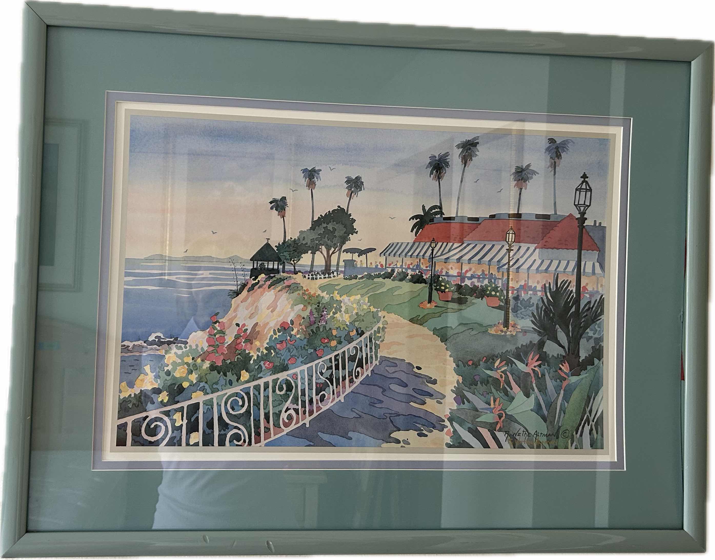 Photo 1 of TEAL METAL FRAMED WATERCOLOR "AFTERNOON IN LAGUNA " BY ROWETHE ALTMAN 30" X 21"