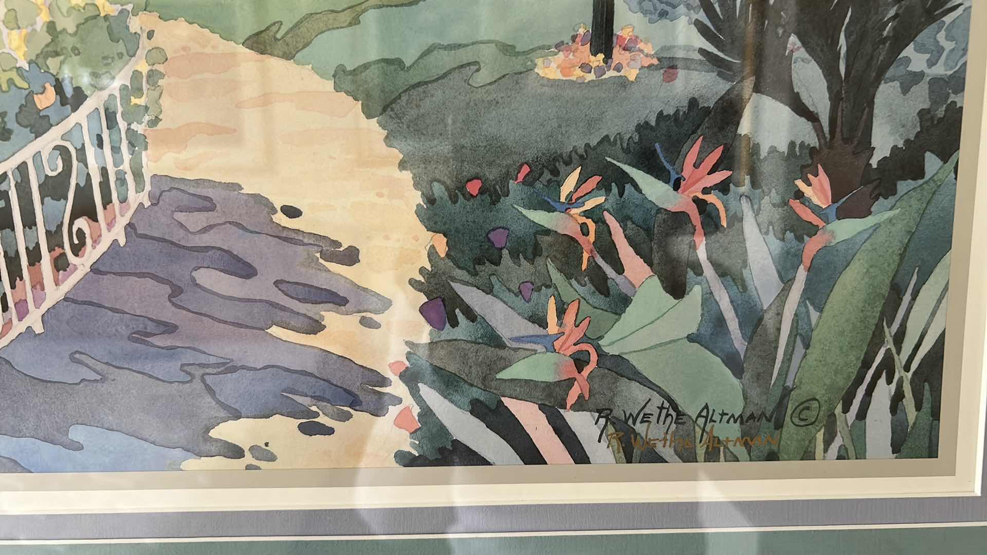 Photo 1 of TEAL METAL FRAMED WATERCOLOR "AFTERNOON IN LAGUNA " BY ROWETHE ALTMAN  30" X 21"