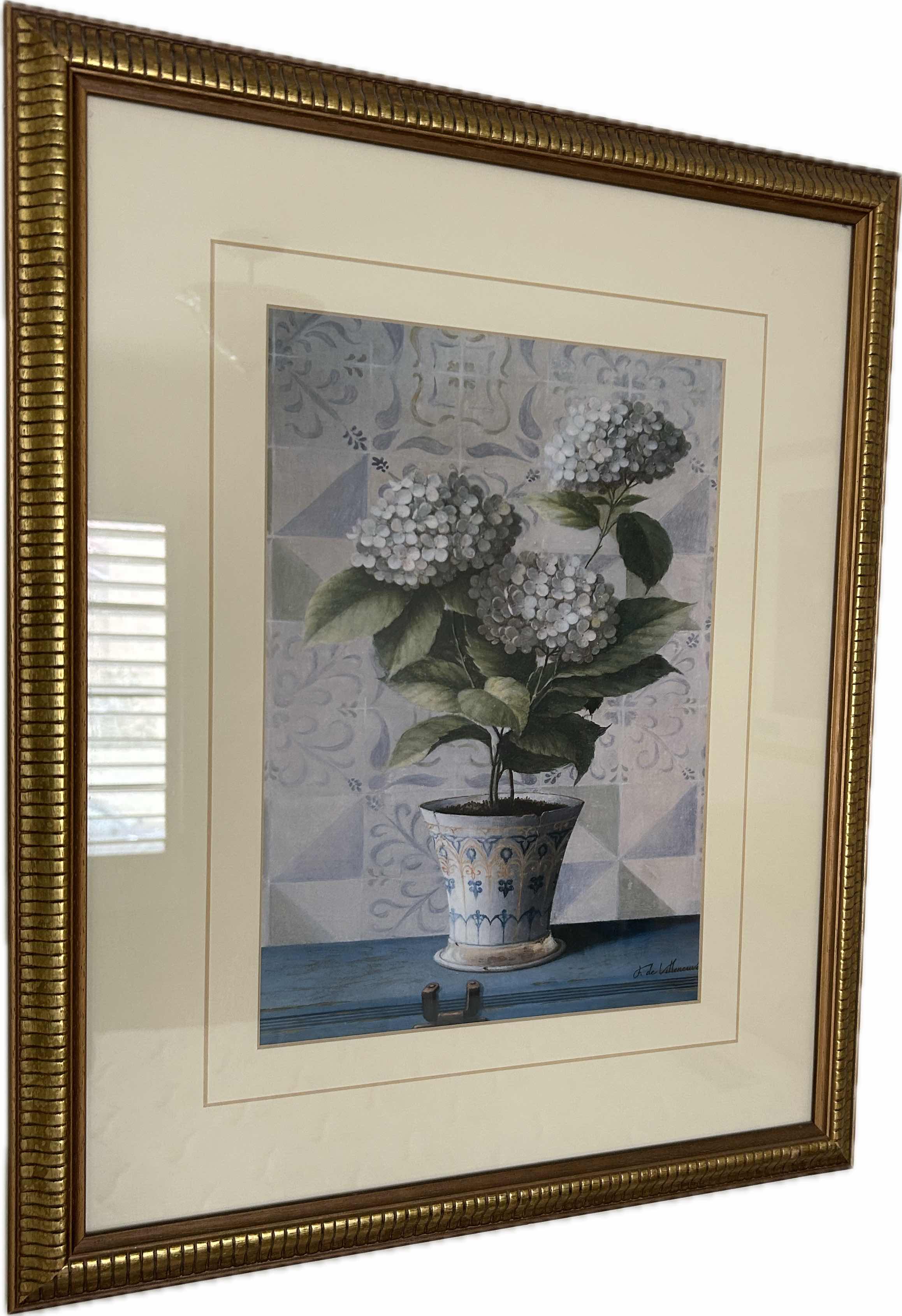 Photo 1 of GOLD FRAMED PRINT " HYDRANGEAS IN A POT" BY F DE VILLENEUVE 18" X 23"