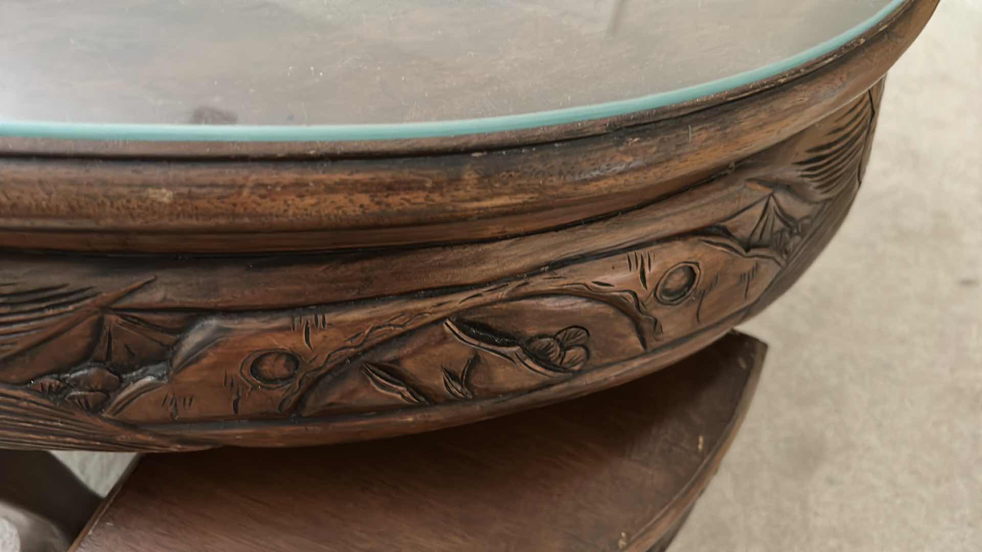 Photo 1 of ROSEWOOD CHINESE CARVED TEA TABLE W NESTING STOOLS AND GLASS TOP 47" X 29" H 22" 