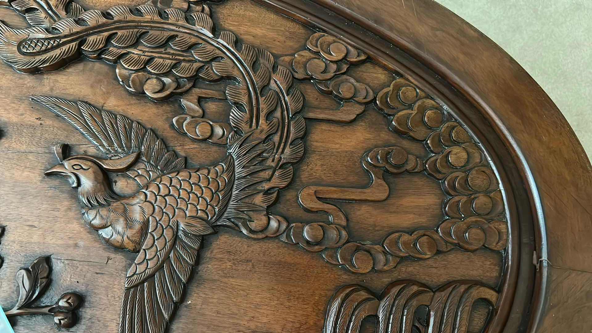 Photo 1 of ROSEWOOD CHINESE CARVED TEA TABLE W NESTING STOOLS AND GLASS TOP 47" X 29" H 22" 