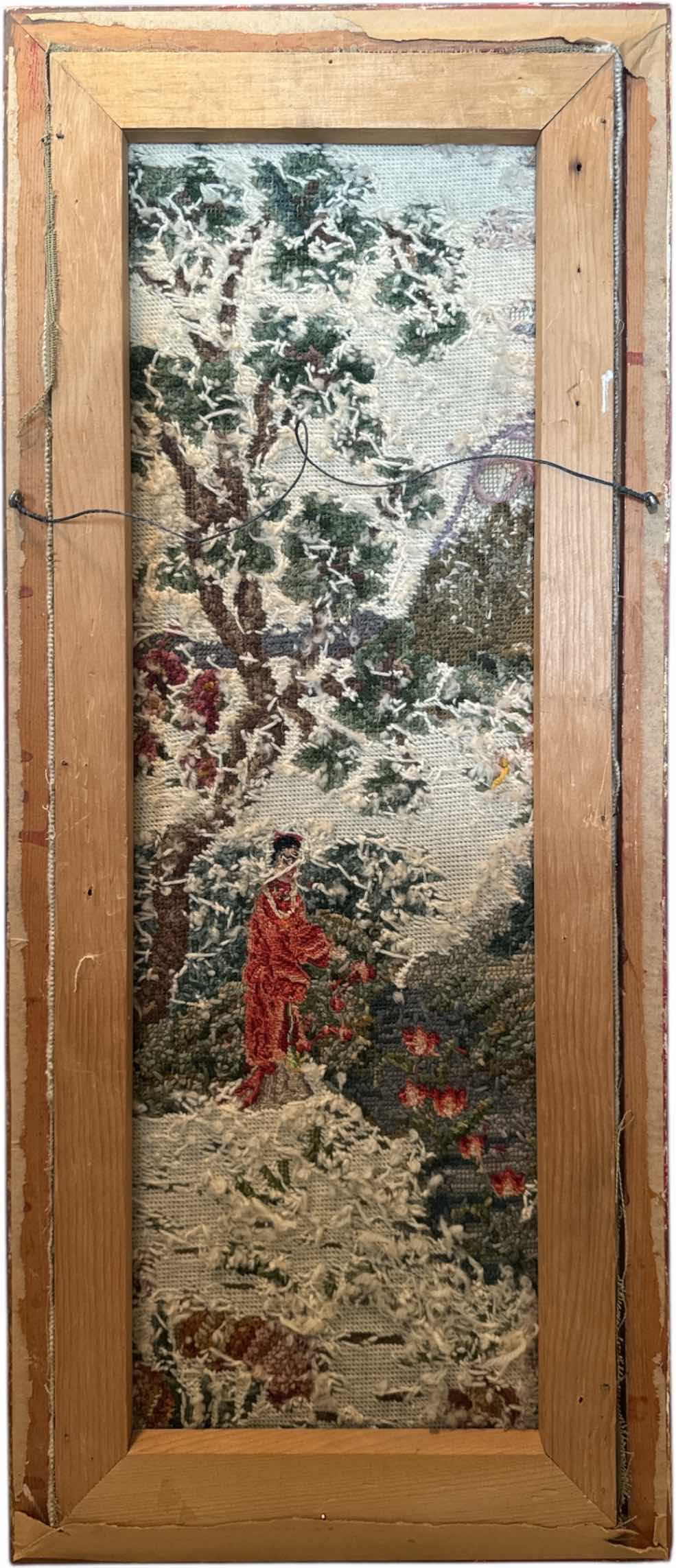 Photo 1 of VINTAGE CHINESE EMBROIDERED ART PANEL WOOD FRAMED SCENIC LANDSCAPE
W15” X L33.5”

