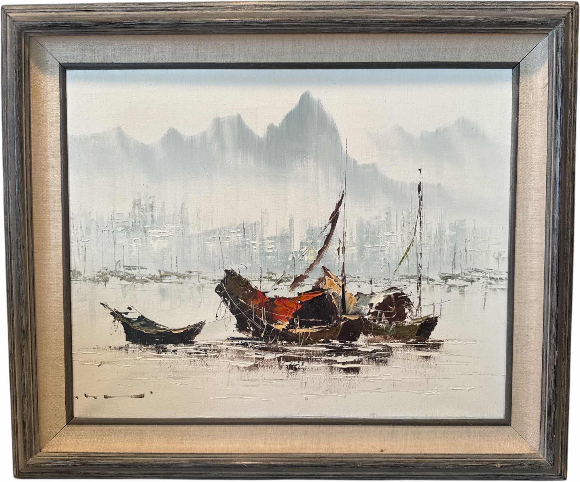 Photo 1 of VINTAGE WOOD FRAMED OIL PAINTING DEPICTING CHINESE HARBOR SCENE W26” X L22”