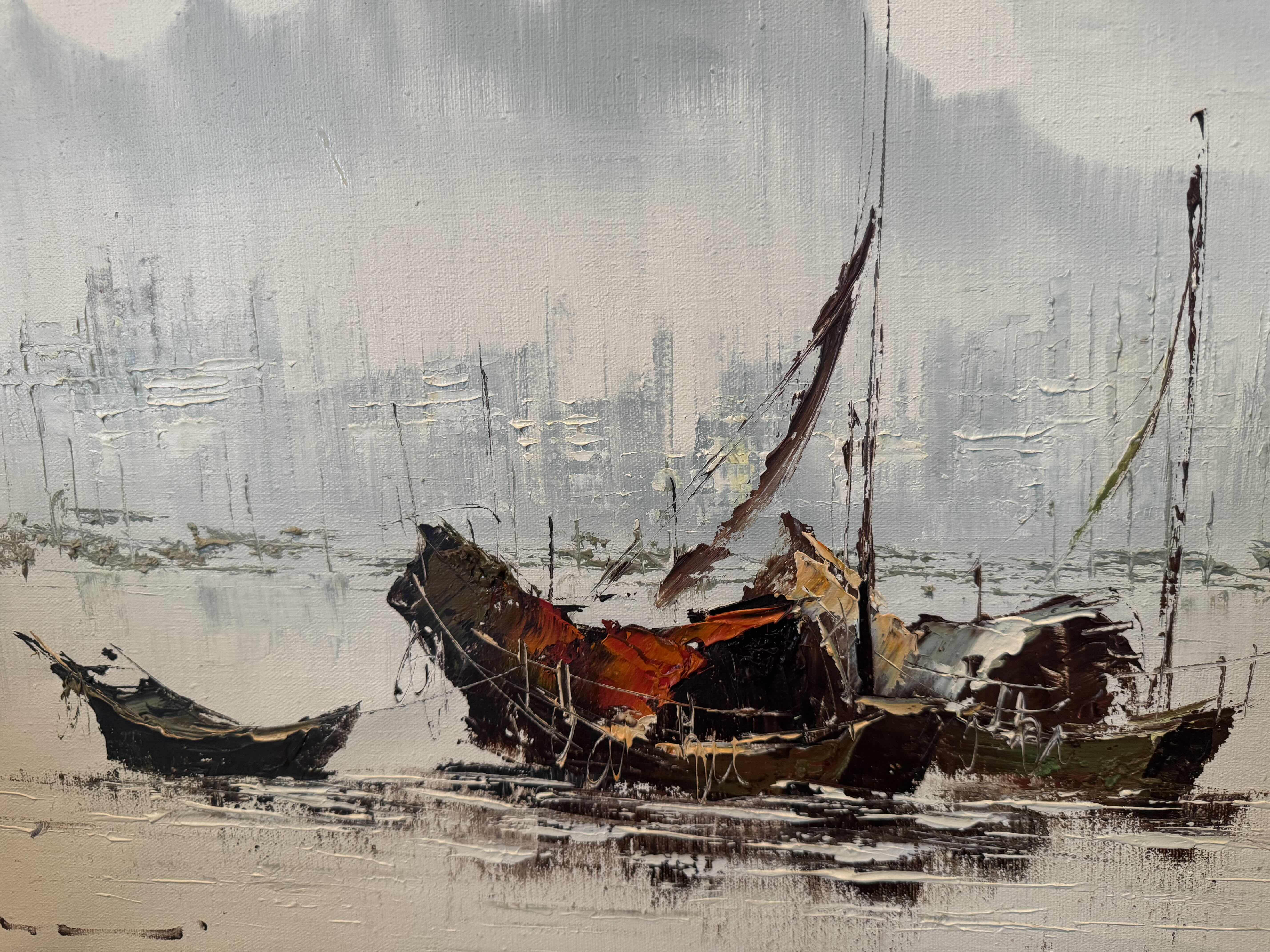 Photo 1 of VINTAGE WOOD FRAMED OIL PAINTING DEPICTING CHINESE HARBOR SCENE W26” X L22”

