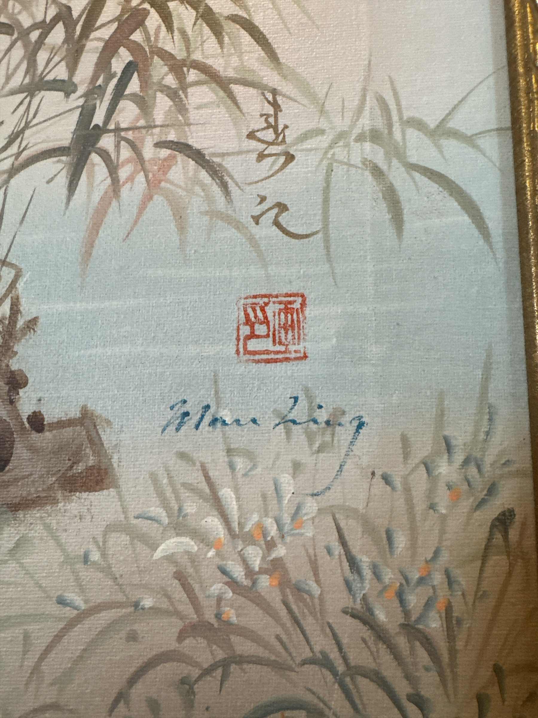 Photo 1 of VINTAGE GOLD TONED RESIN FRAMED OIL PAINTING BY MUA LING
W23.5” X L27.5”

