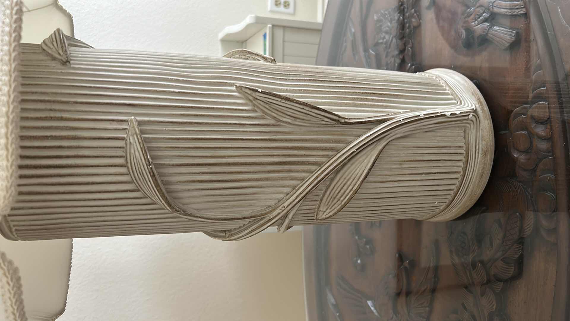 Photo 1 of VINTAGE SCULPTURAL FLORAL  DESIGN PLASTER BASE TABLE LAMP W SCALLOP BEIGE SHADE H 32" 
SOME CHIPS