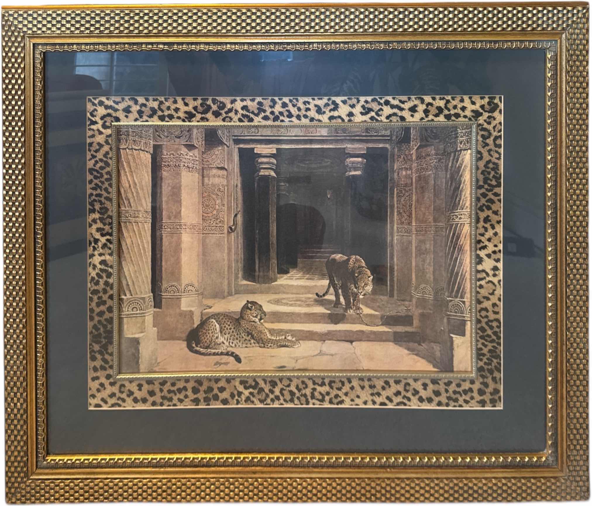 Photo 1 of VINTAGE GOLD TONE RESIN FRAMED PRINT ART LEOPARD TEMPLE
W36” X L29”