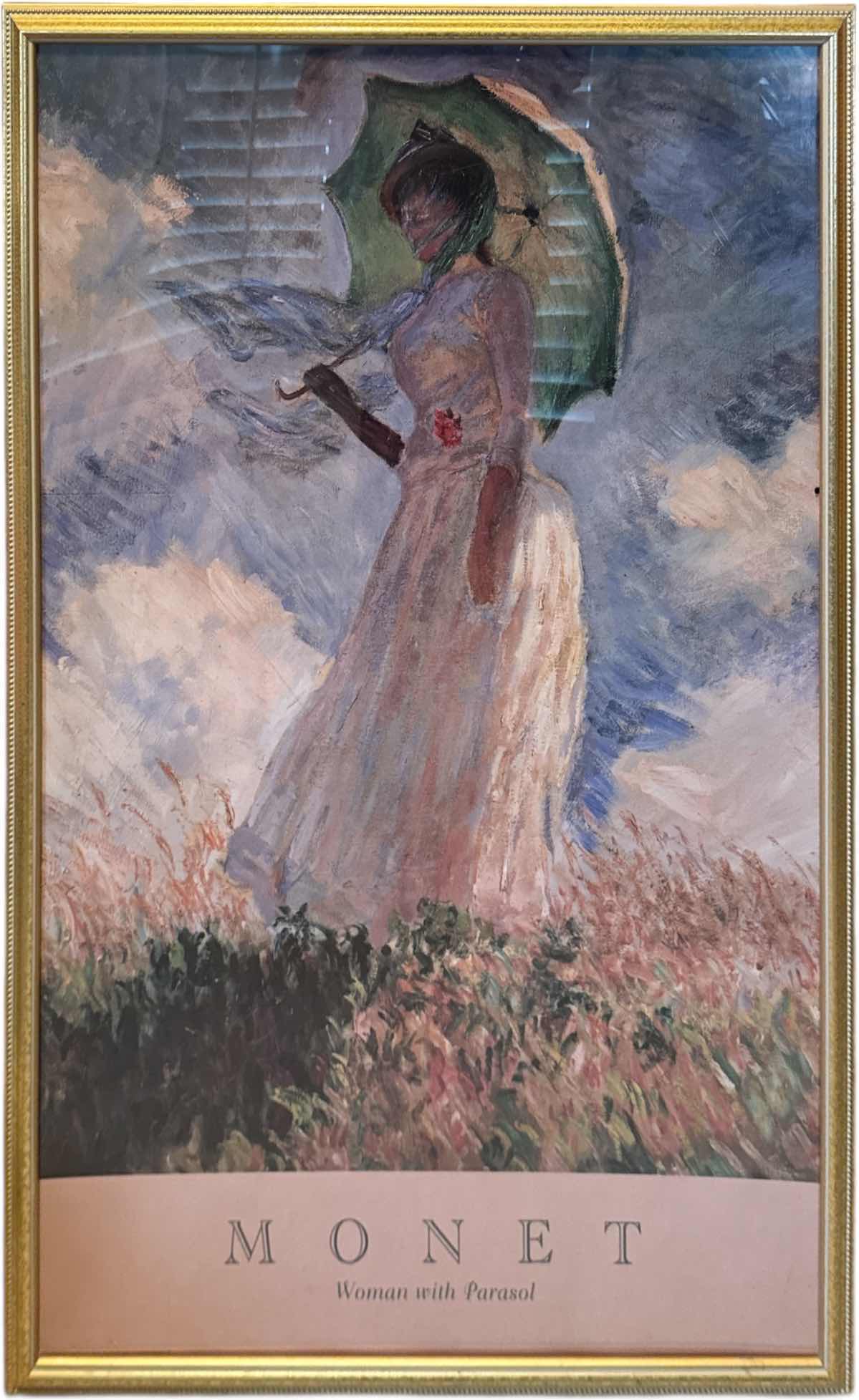 Photo 1 of VINTAGE GOLD TONE RESIN FRAMED PRINT ART MONET WOMAN WITH PARASOL
W26” X L38”

