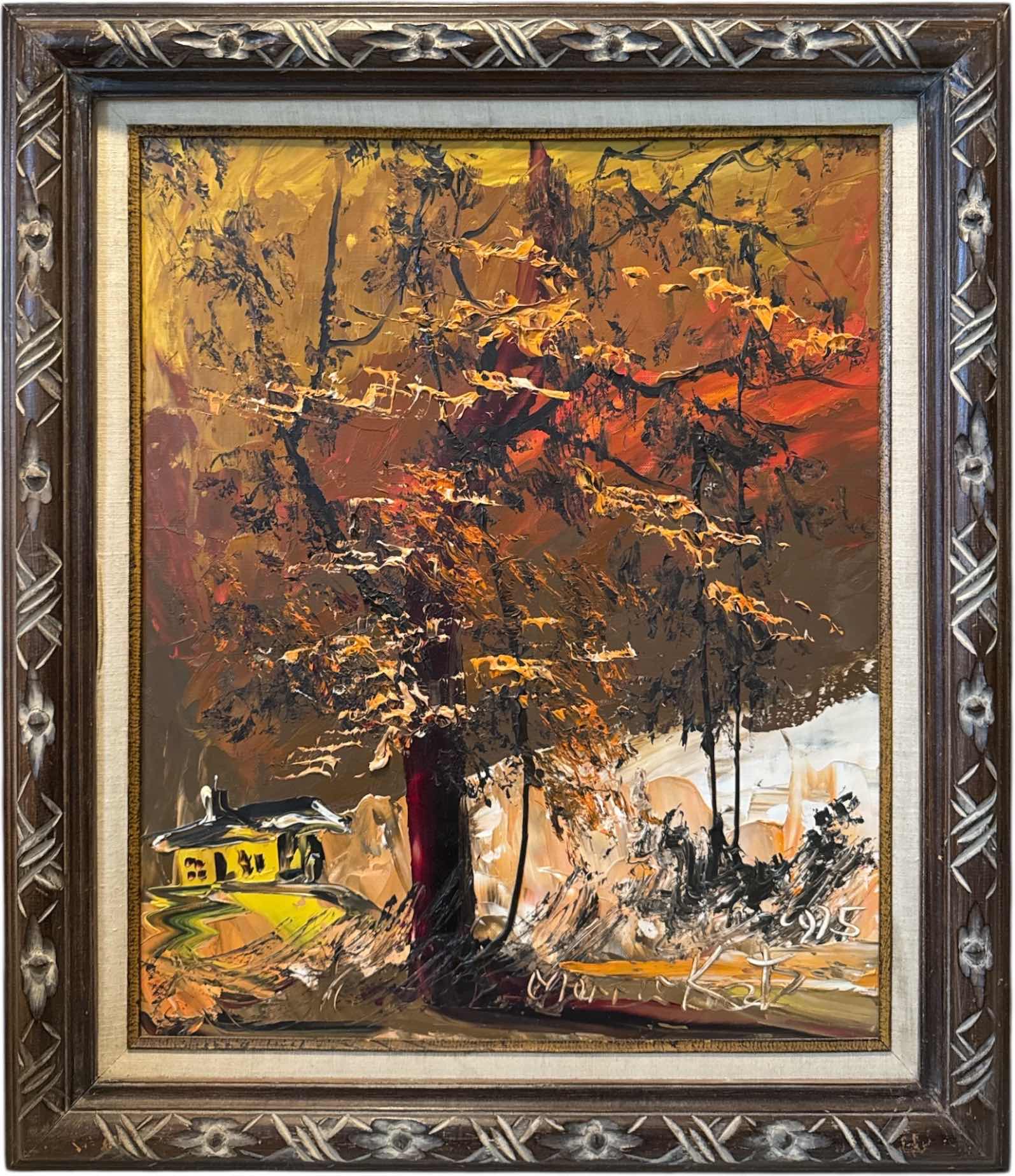 Photo 1 of VINTAGE WOOD CARVED FRAMED OIL PAINTING AUTUMN LEAVE BY MORRIS KATZ 1975
W26.5” X L30.5”