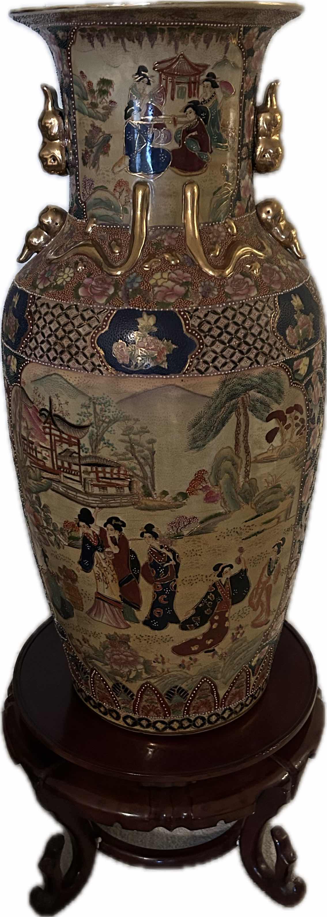 Photo 1 of CHINESE PORCELAIN SATSUMA STYLE FLOOR VASE  W WOOD PEDESTAL STAND H 37" 