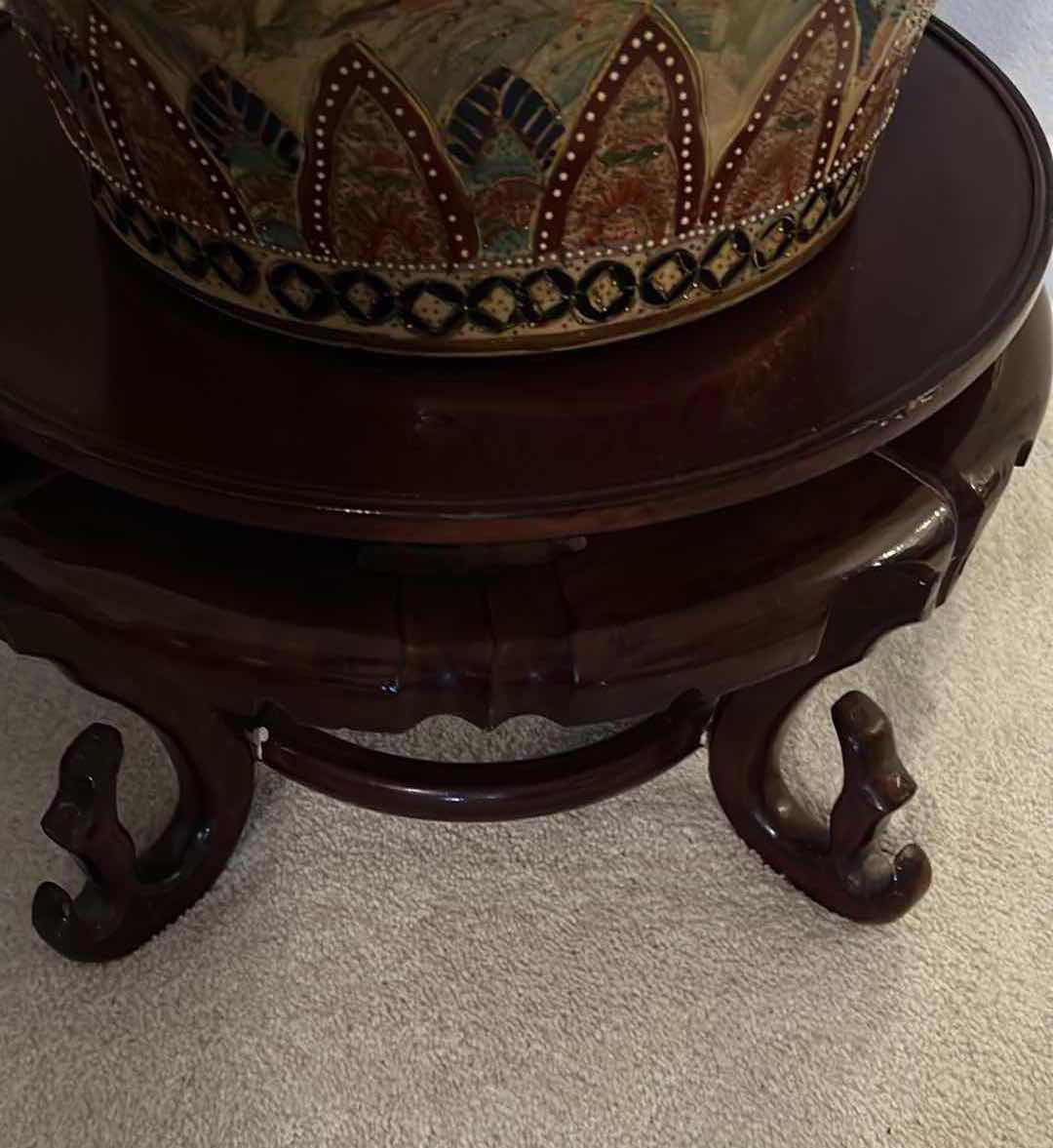 Photo 1 of CHINESE PORCELAIN SATSUMA STYLE FLOOR VASE  W WOOD PEDESTAL STAND H 37" 