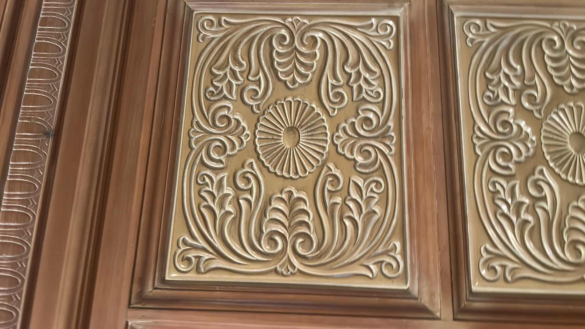 Photo 1 of QUEEN SIZE WOOD HEADBOARD AND FOOTBOARD WITH CARVED WOOD PANELS 68” X 94” X H6’