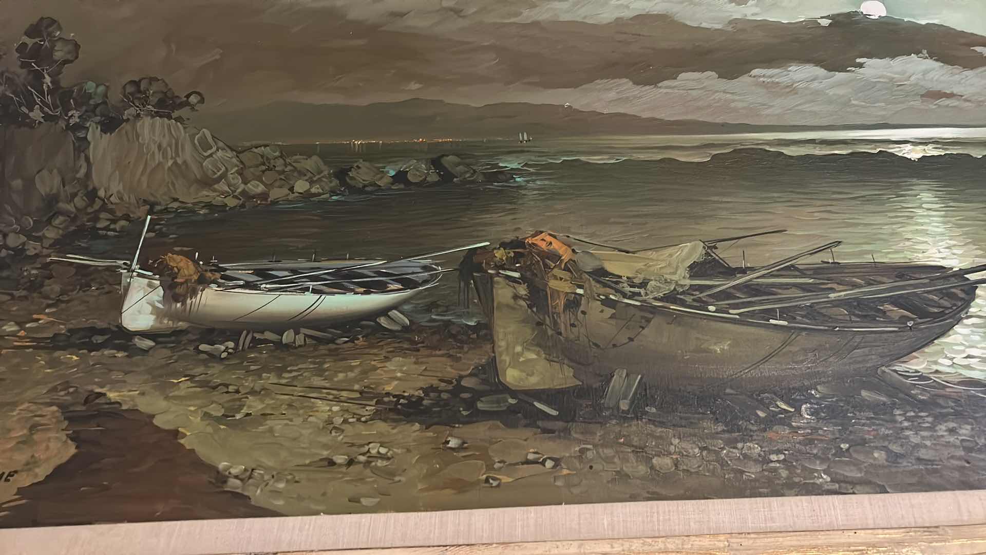 Photo 1 of ORNATELY WOOD FRAMED SIGNED OIL ON CANVAS, "MOONLIGHT FISHING VILLAGE' BY AGNESE TORRIELLI ARTWORK   
68” x H28”