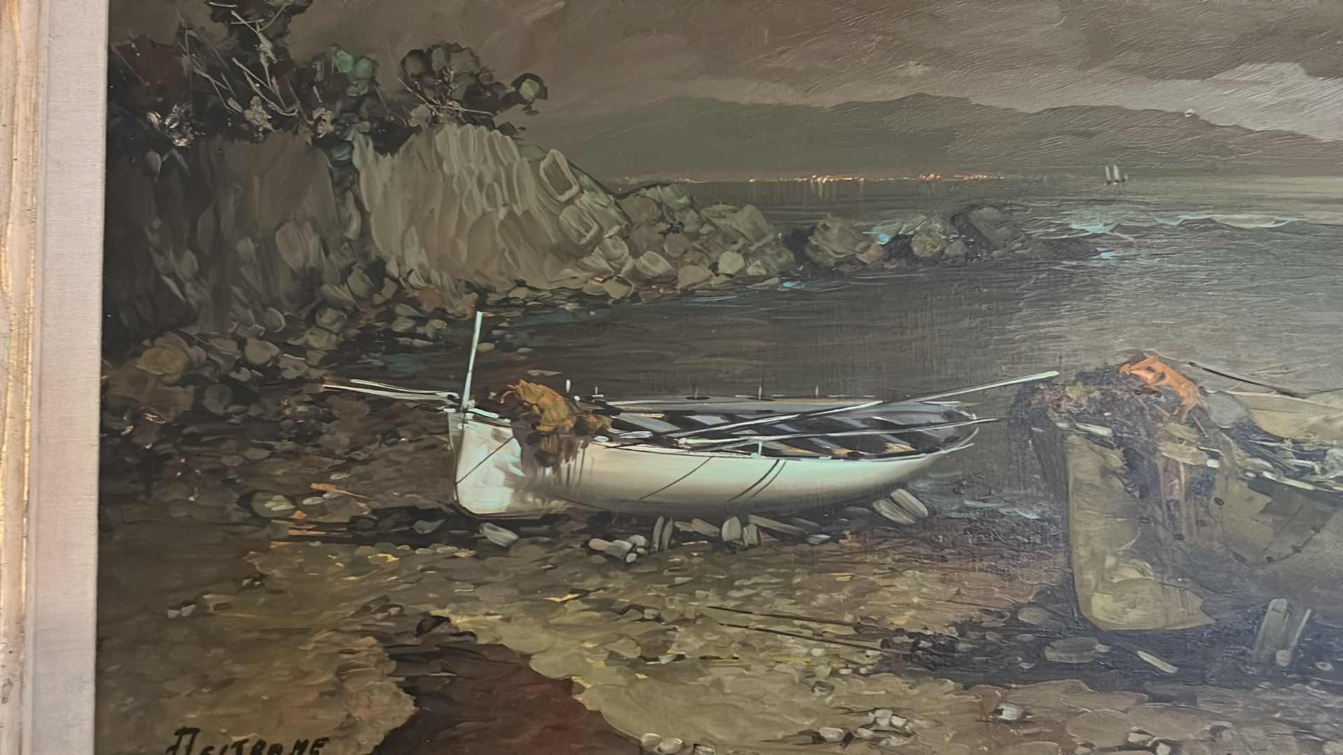 Photo 1 of ORNATELY WOOD FRAMED SIGNED OIL ON CANVAS, "MOONLIGHT FISHING VILLAGE' BY AGNESE TORRIELLI ARTWORK   
68” x H28”