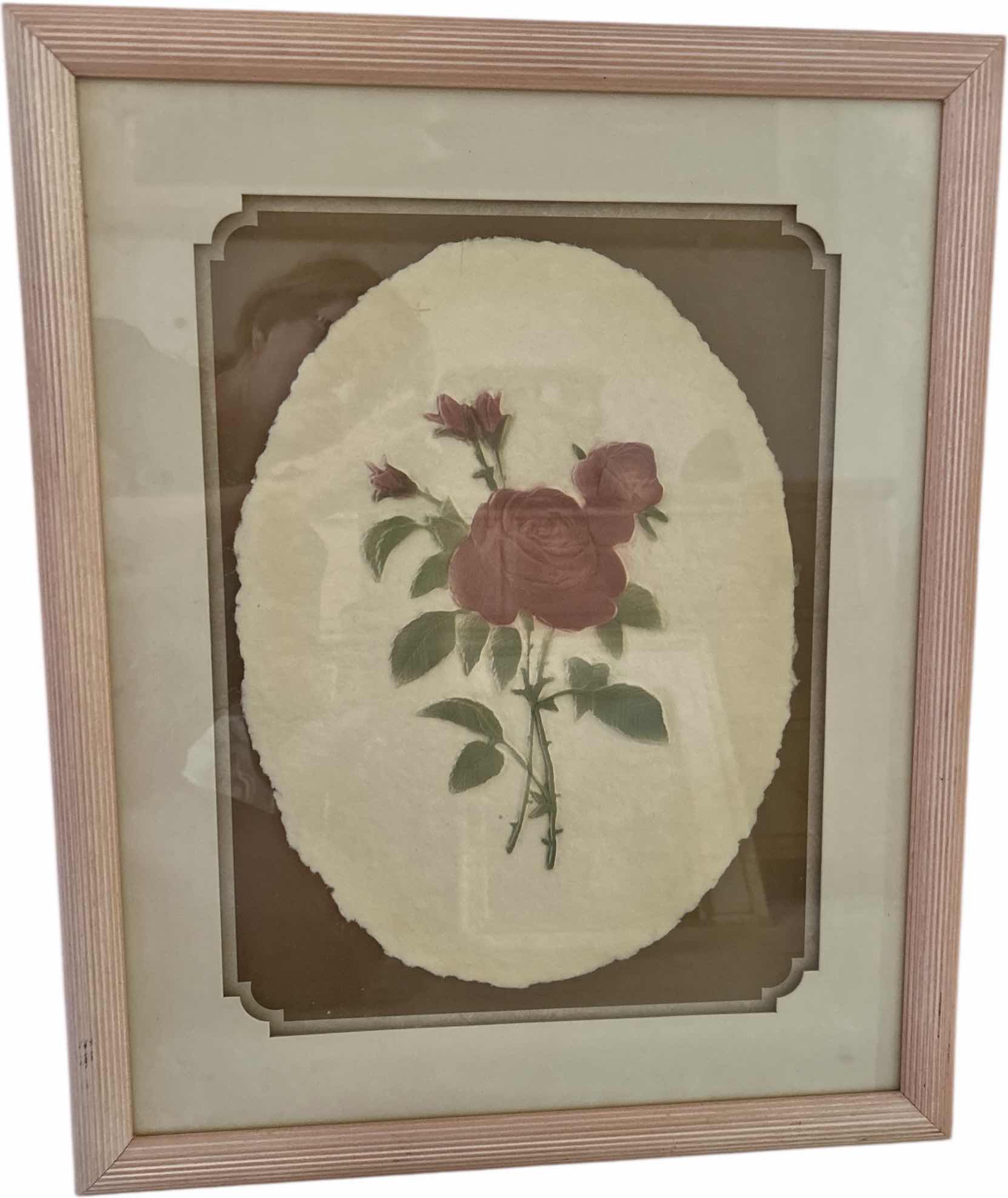 Photo 1 of WOOD FRAMED PAPER RAISED ROSES ARTWORK 18” x H22”