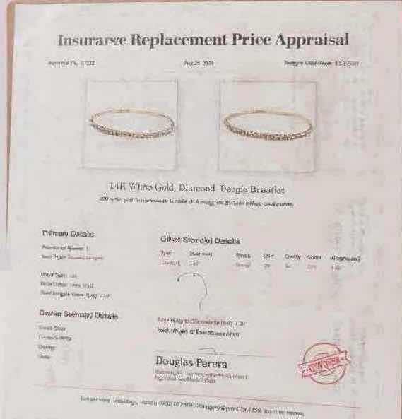 Photo 1 of 14K WHITE GOLD W 1.50 ctw DIAMOND BANGLE BRACELET TTL GRAMS 7.72 W INSURANCE APPRAISAL ITEM #2032 