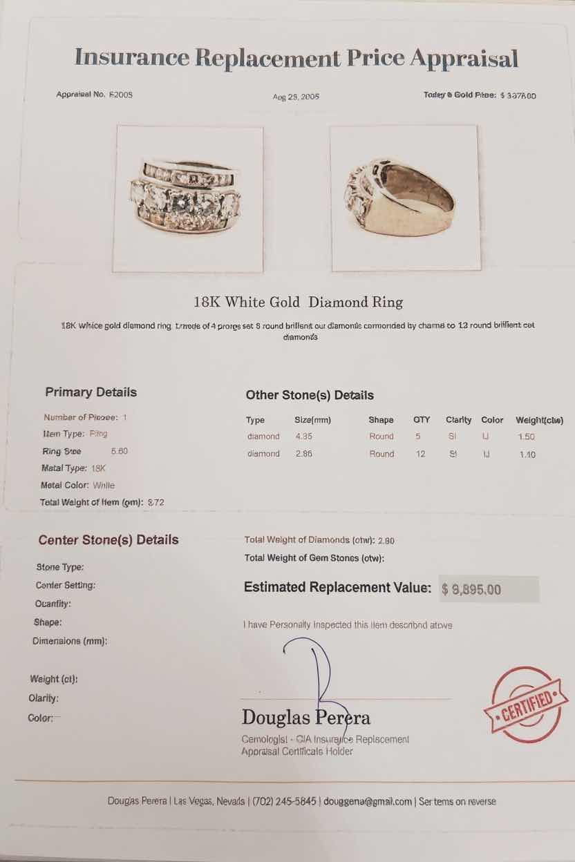 Photo 1 of 18K WHITE GOLD W 2.60 ctw DIAMOND RING (SIZE 5.50) TTL GRAMS 8.72 W INSURANCE APPRAISAL ITEM # 2005 