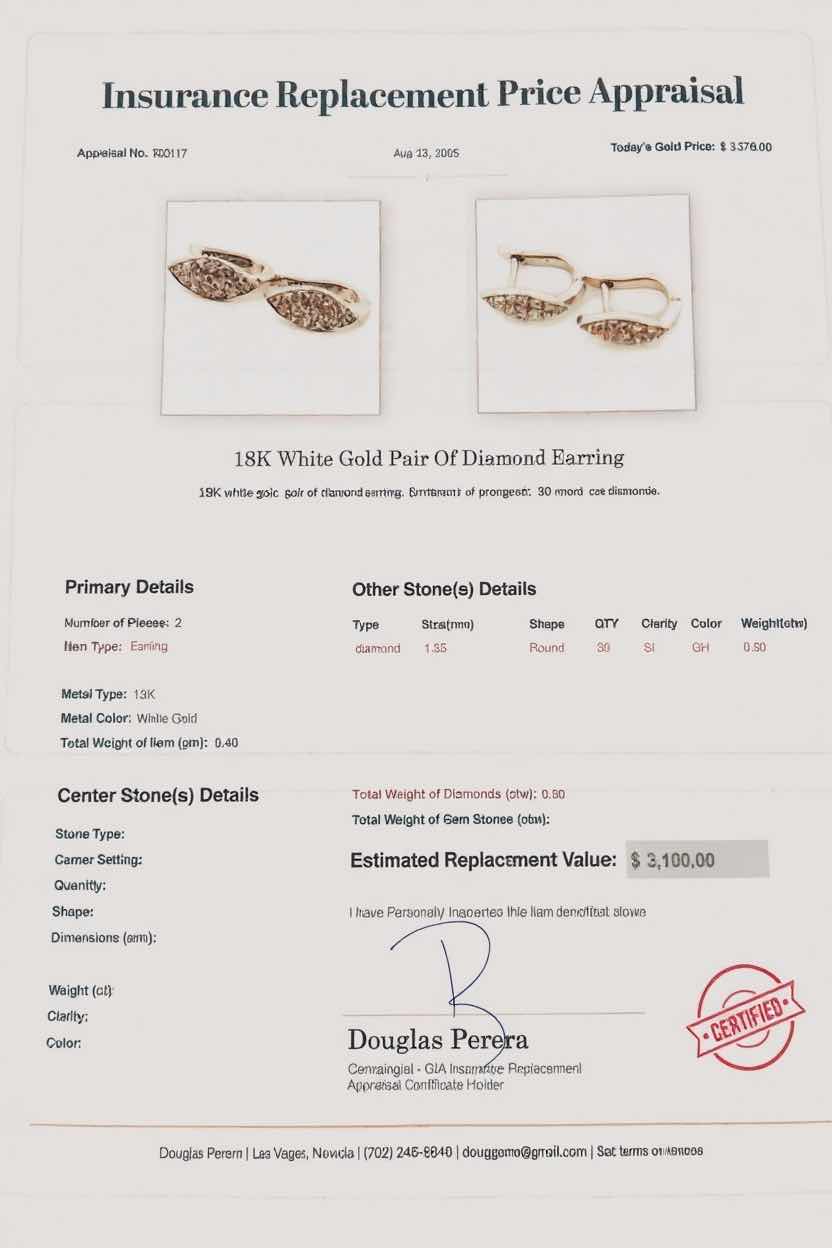 Photo 1 of 18K WHITE GOLD PAIR W 0.50 ctw OF DIAMOND EARRINGS TTL GRAMS 3.40 W INSURANCE APPRAISAL ITEM # 2017 