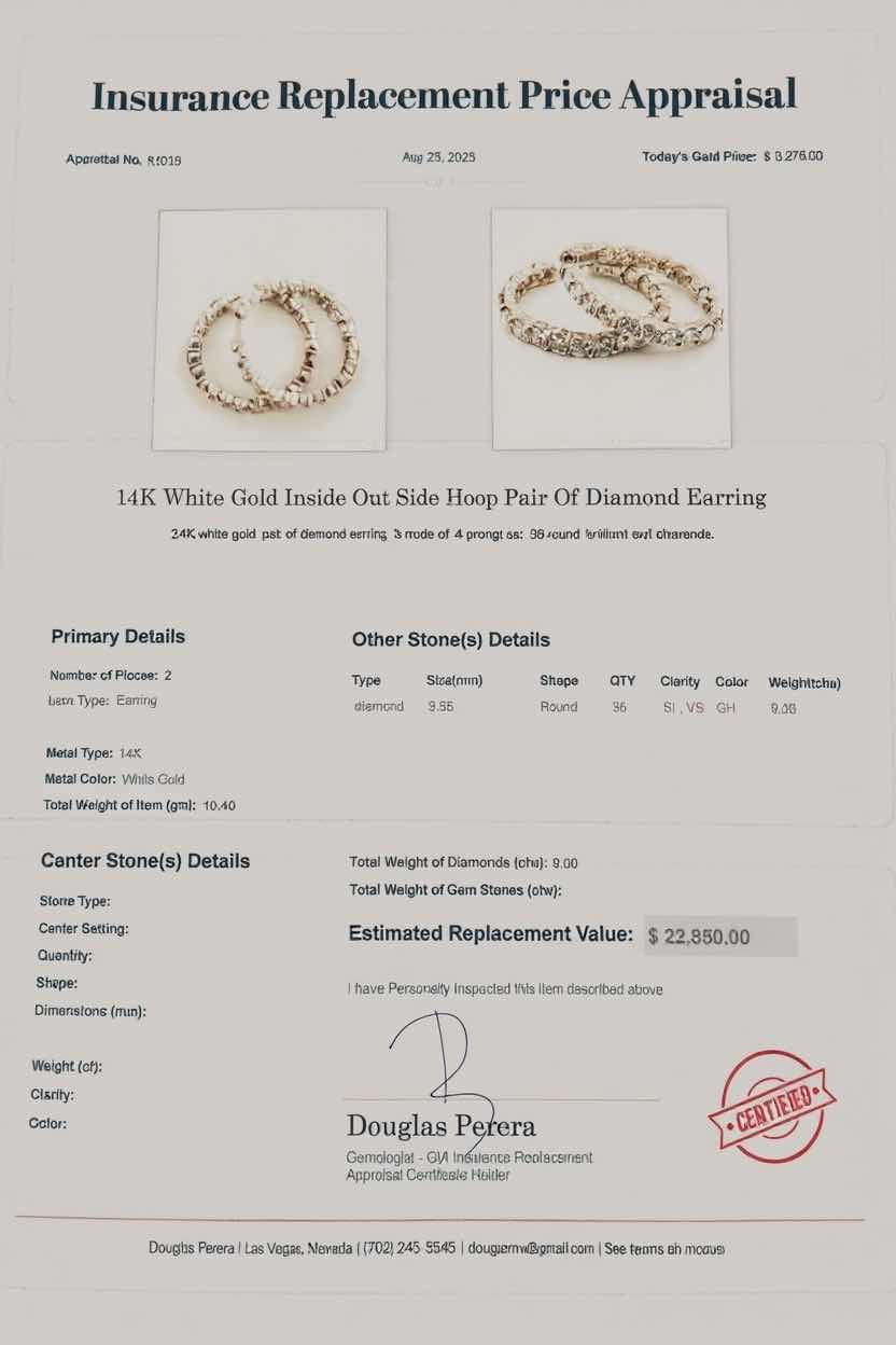 Photo 1 of 14K WHITE GOLD INSIDE OUT SIDE HOOP W 9.00 ctw PAIR OF DIAMOND EARRINGS TTL GRAMS 10.40 W INSURANCE APPRAISAL ITEM # 2018 