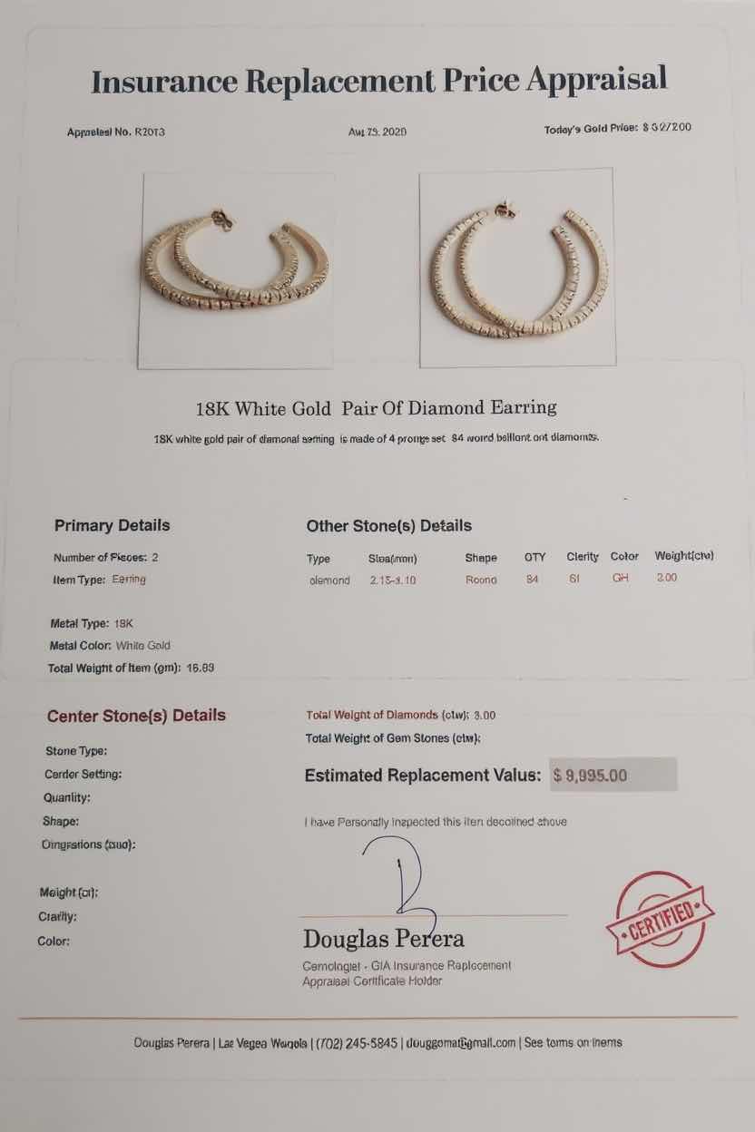 Photo 1 of 18K WHITE GOLD 3.00 ctw PAIR OF DIAMOND EARRINGS TTL GRAMS 16.93 W INSURANCE APPRAISAL ITEM # 2013 