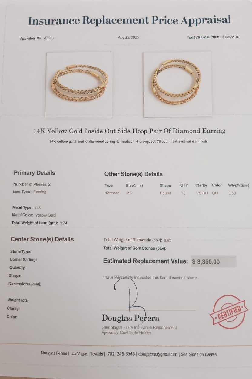 Photo 1 of 14K YELLOW GOLD INSIDE OUT SIDE HOOP PAIR W 3.50 ctw OF DIAMOND EARRINGS TTL GRAMS 9.74 W INSURANCE APPRAISAL ITEM # 2020 